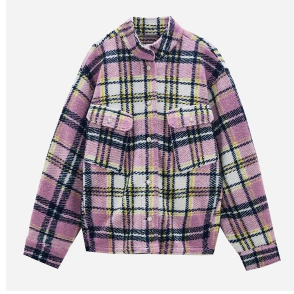 ZARA WOMAN WOOL BLEND CHECK LILAC OVERSHIRT PLAID.Medium size Oversized like XL